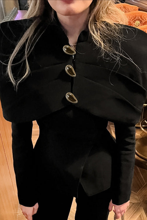 Langry fashion black velvet cape with gold buttons and ruffled edges