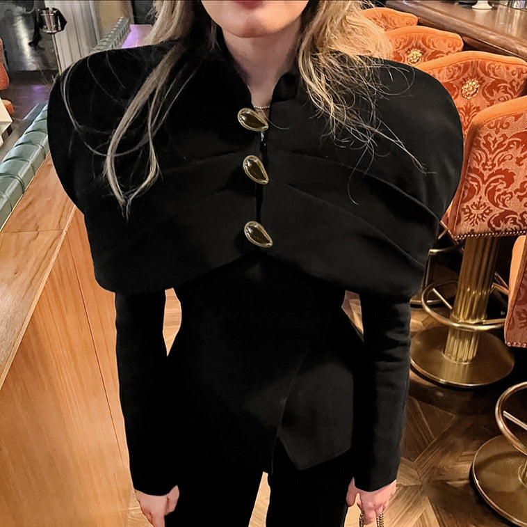 Langry fashion black velvet cape with gold buttons and ruffled edges