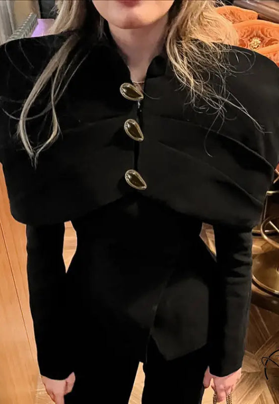 Langry fashion retro black slim top with velvet cape, gold buttons, ruffles