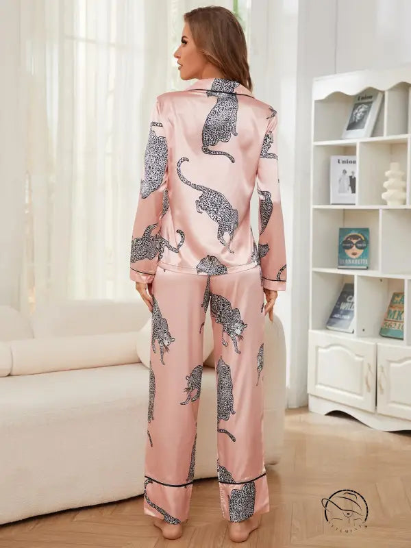 Pink satin winter animal long sleeved leopard pajamas set