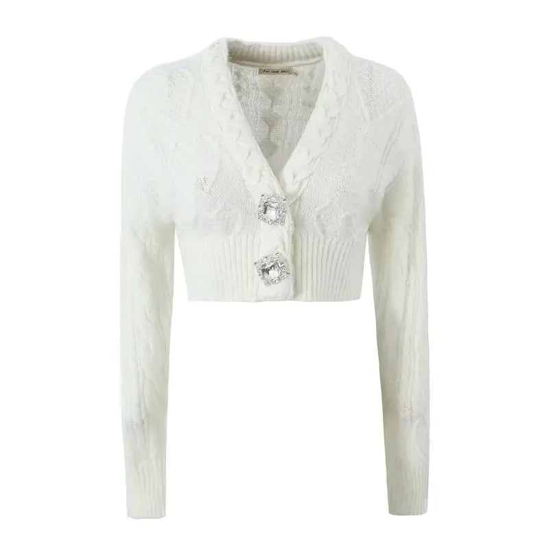 White knitted cardigan sweater coat with crystal buttons and ribbed knit pattern