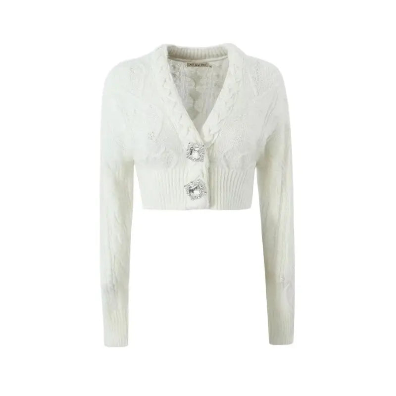 White long-sleeve knitted cardigan sweater coat with crystal button closures