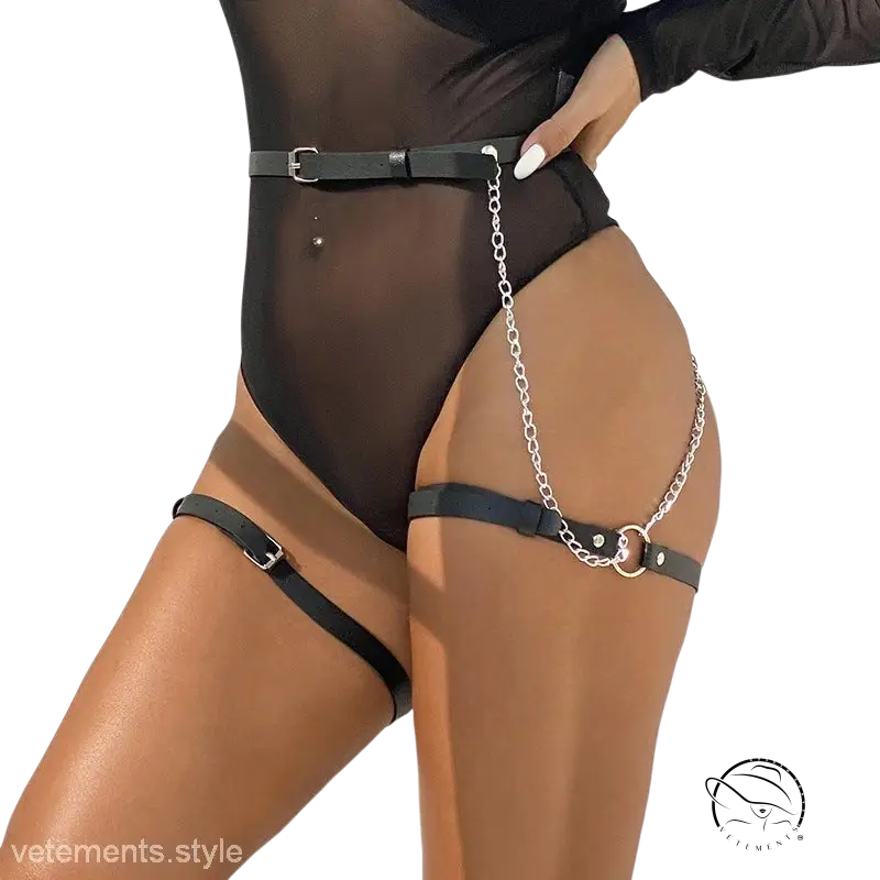 Black sheer lingerie bodysuit with adjustable leather waist belt
