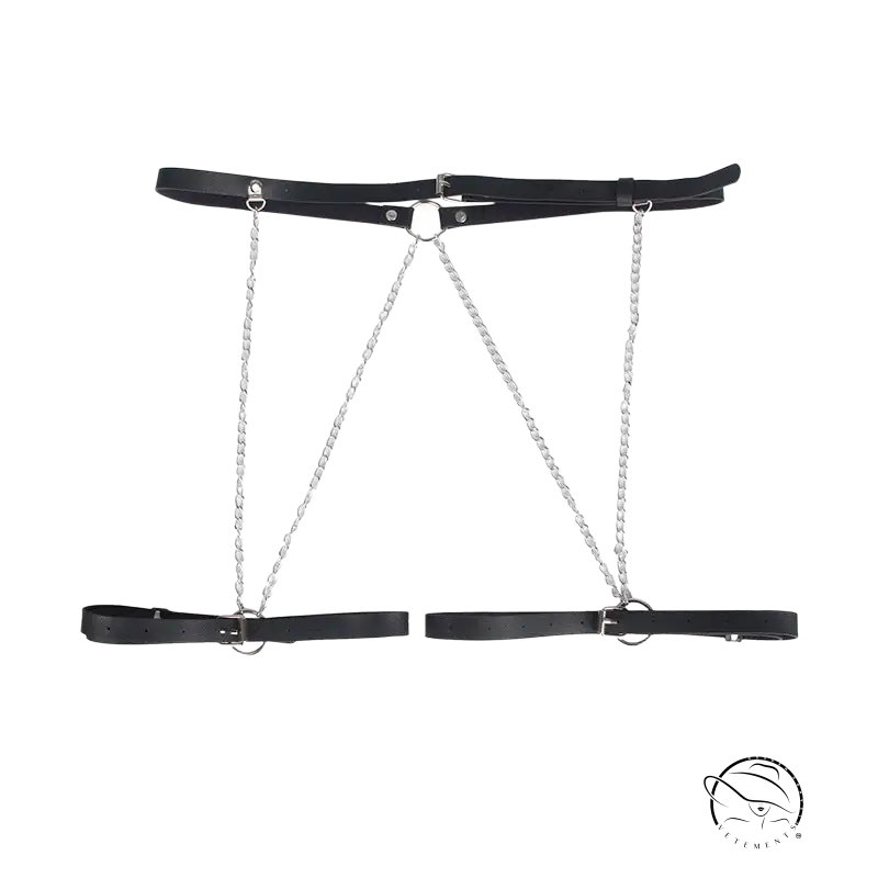 Black adjustable leather waist belt with silver chains for lingerie