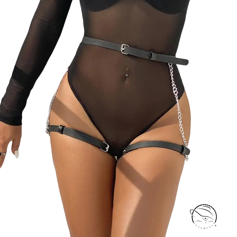 Black adjustable leather waist belt with sheer lingerie bodysuit and garter straps