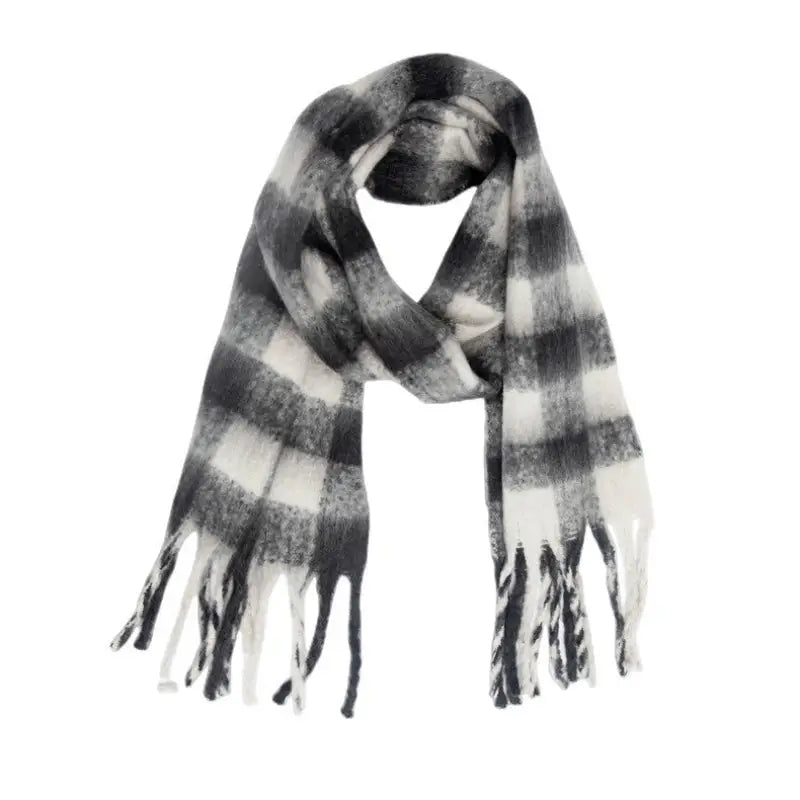 Striped gray and white wool scarf with fringed ends, ideal for stylish layering