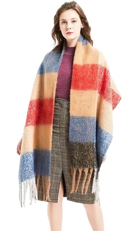 Colorful plaid blanket scarf with fringe tassels in purplish red, sapphire blue and tan