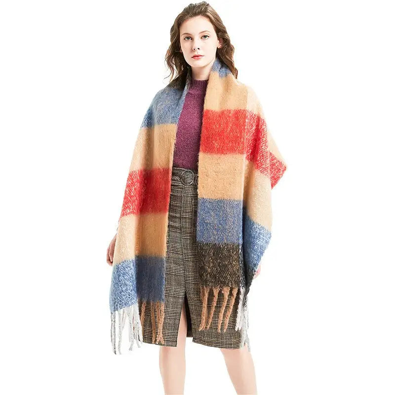 Colorful plaid blanket scarf with fringe tassels in purplish red, sapphire blue and tan