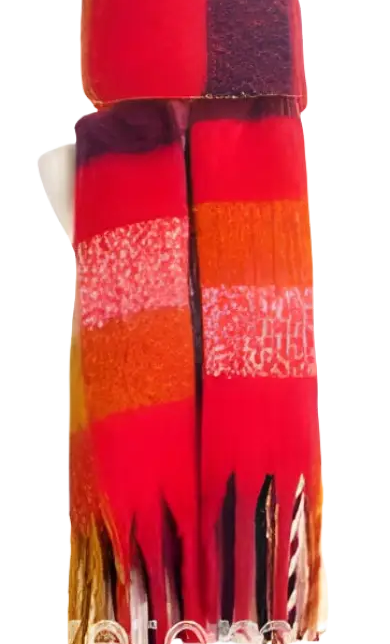 Woven Scarf in Purplish Red with Fringed Raw Edges featuring wool stitching and tassels