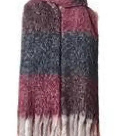 Striped winter scarf in purplish red, sapphire blue, and cream with fringed raw edges