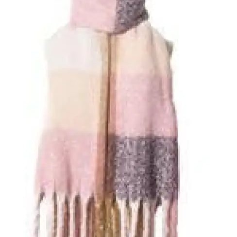 Pink and gray color-blocked wool stitching scarf with fringed ends in purplish red