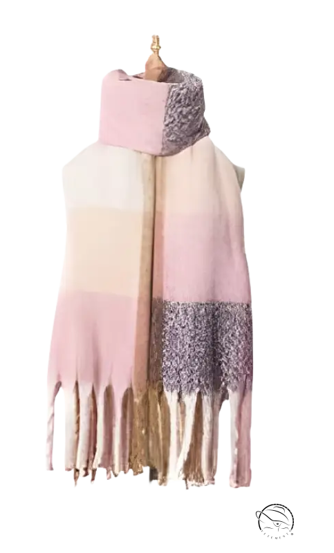 Pink and gray color-blocked wool stitching scarf with fringed ends in purplish red