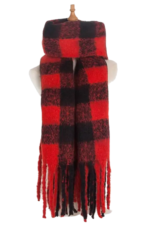 Red and black buffalo plaid scarf with fringe tassels in purplish red wool stitching