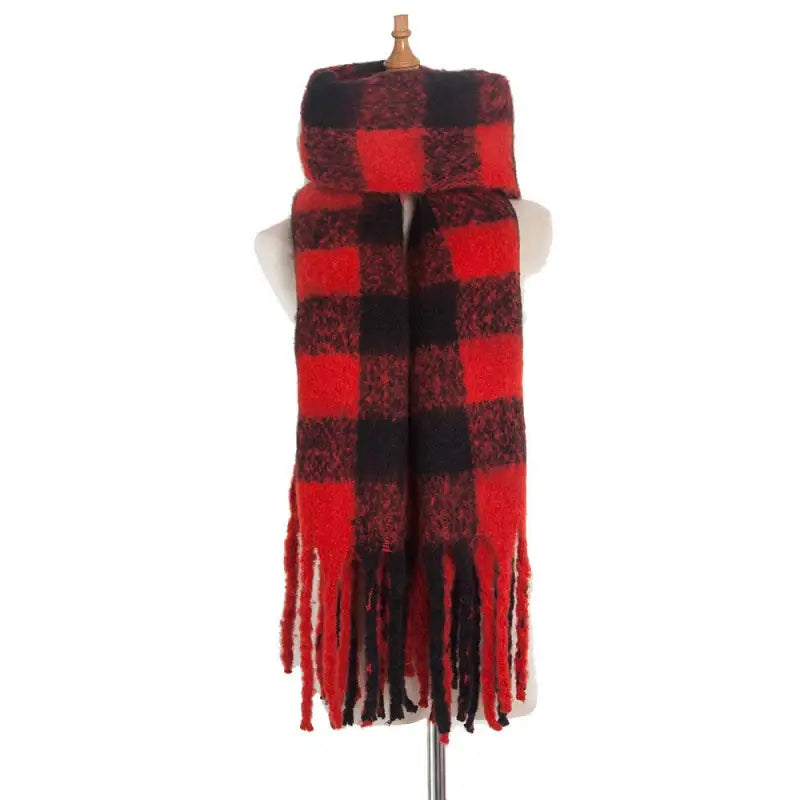 Red and black buffalo plaid scarf with fringe tassels in purplish red wool stitching
