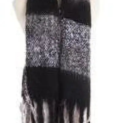 Black and gray striped wool stitching scarf with fringed tassels in purplish red