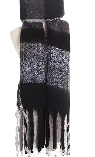 Black and gray striped wool stitching scarf with fringed tassels in purplish red