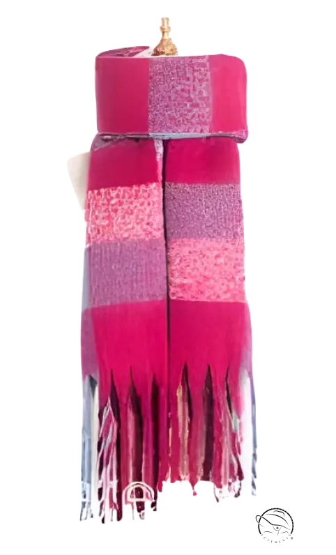 Pink and purple striped candle with dripping wax effect near purplish red wool stitching scarf