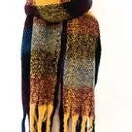 Multicolored wool stitching scarf in purplish red with fringed ends and earth-toned stripes