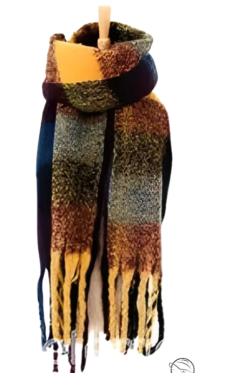 Multicolored wool stitching scarf in purplish red with fringed ends and earth-toned stripes