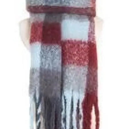 Plaid winter scarf featuring red, gray, and white stripes with fringe, perfect for styling