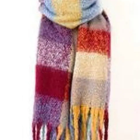 Colorful striped wool stitching scarf in purplish red with fringe tassels for added style