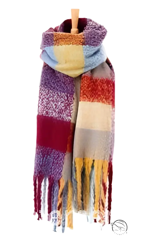 Colorful striped wool stitching scarf in purplish red with fringe tassels for added style