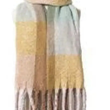 Pastel-colored wool stitching scarf in purplish red with fringe tassels on a dress form