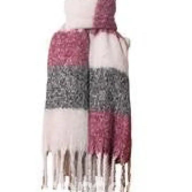 Striped wool stitching scarf in purplish red, gray, and white with fringe tassels