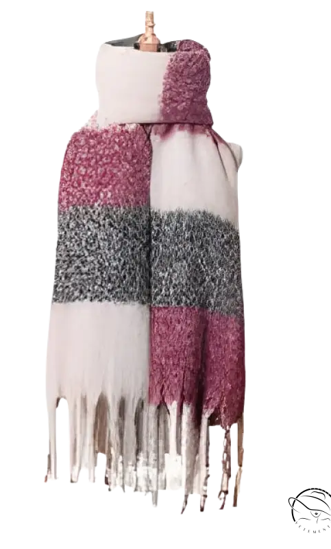 Striped wool stitching scarf in purplish red, gray, and white with fringe tassels