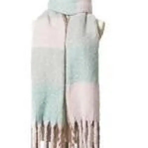Mint green and white striped scarf with tassels displayed alongside a purplish red scarf