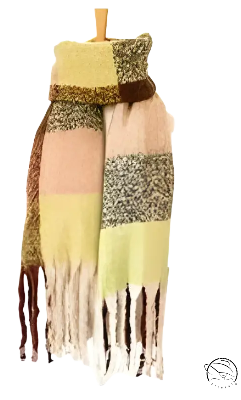 Plaid winter scarf with fringe tassels in yellow, pink, and gray beside purplish red wool stitching scarf