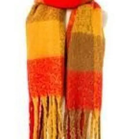 Woven Scarf in Purplish Red with fringe and wool stitching, featuring striped design