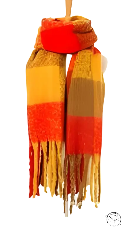 Woven Scarf in Purplish Red with fringe and wool stitching, featuring striped design