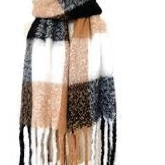 Fringed wool stitching scarf in purplish red with black and beige plaid pattern