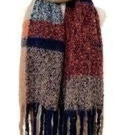 Knitted winter scarf in purplish red, gray, and navy blue with fringe tassels