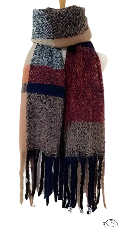 Knitted winter scarf in purplish red, gray, and navy blue with fringe tassels