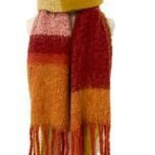 Striped wool stitching scarf in purplish red with fringe tassels in autumn colors