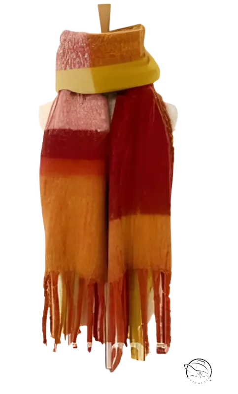 Striped wool stitching scarf in purplish red with fringe tassels in autumn colors