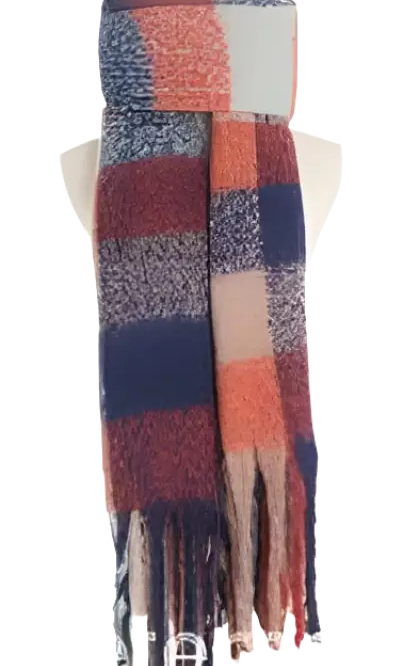 Striped winter scarf with fringe in navy blue, coral pink, and cream colors, showcasing purplish red