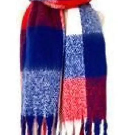 Striped wool stitching scarf in purplish red, white, and blue with fringe tassels