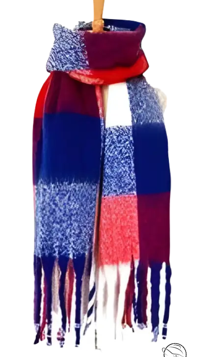 Striped wool stitching scarf in purplish red, white, and blue with fringe tassels
