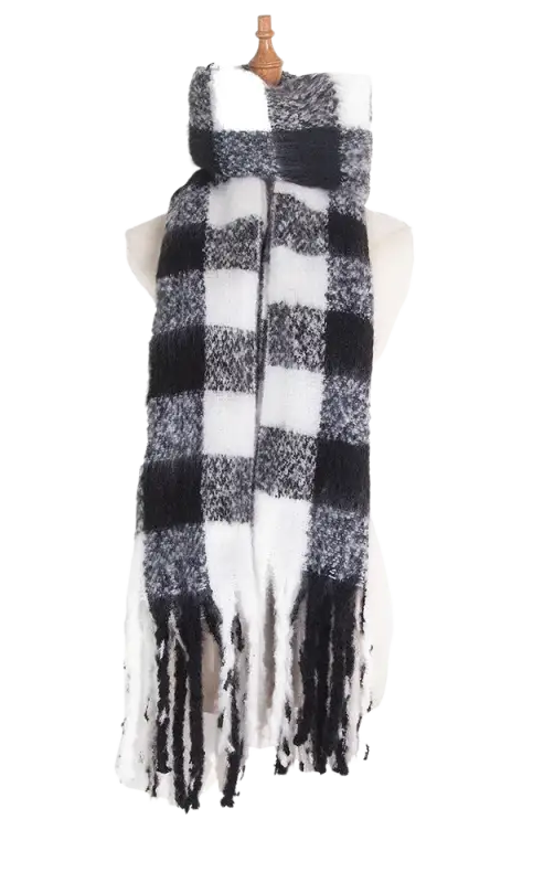 Woven Scarf in Purplish Red with Fringed Raw Edges and Black and White Buffalo Plaid