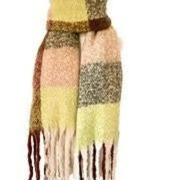 Plaid winter scarf with fringe tassels in yellow, pink, and gray colors, wool stitching scarf