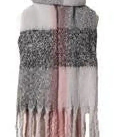 Soft plaid scarf in gray and pink tones with fringed edges, perfect for winter fashion