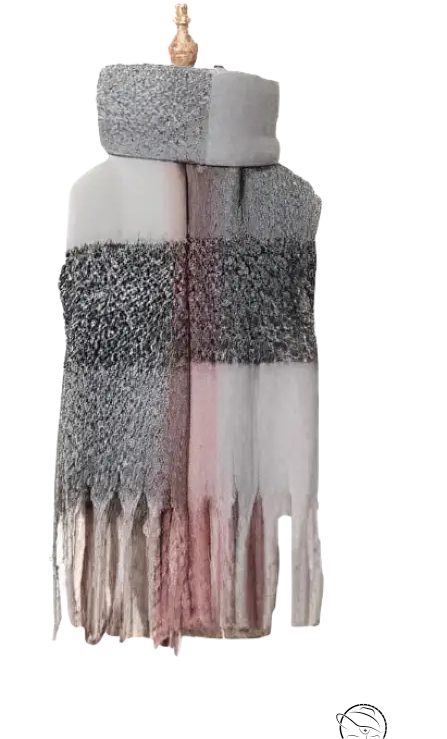 Soft plaid scarf in gray and pink tones with fringed edges, perfect for winter fashion