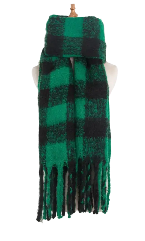 Wool stitching scarf in purplish red with green and black buffalo plaid design