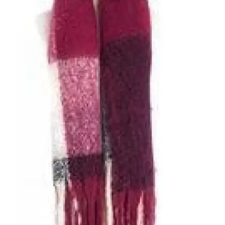Patchwork winter scarf in purplish red, gray, and burgundy with fringe and wool stitching