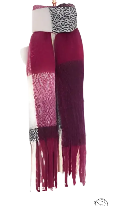 Patchwork winter scarf in purplish red, gray, and burgundy with fringe and wool stitching