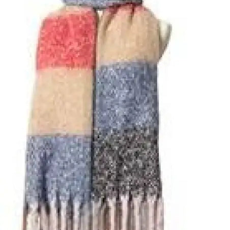 Colorblock scarf with fringe in coral, beige, and gray tones, featuring purplish red accents