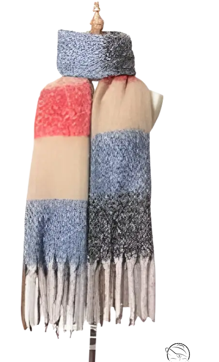 Colorblock scarf with fringe in coral, beige, and gray tones, featuring purplish red accents